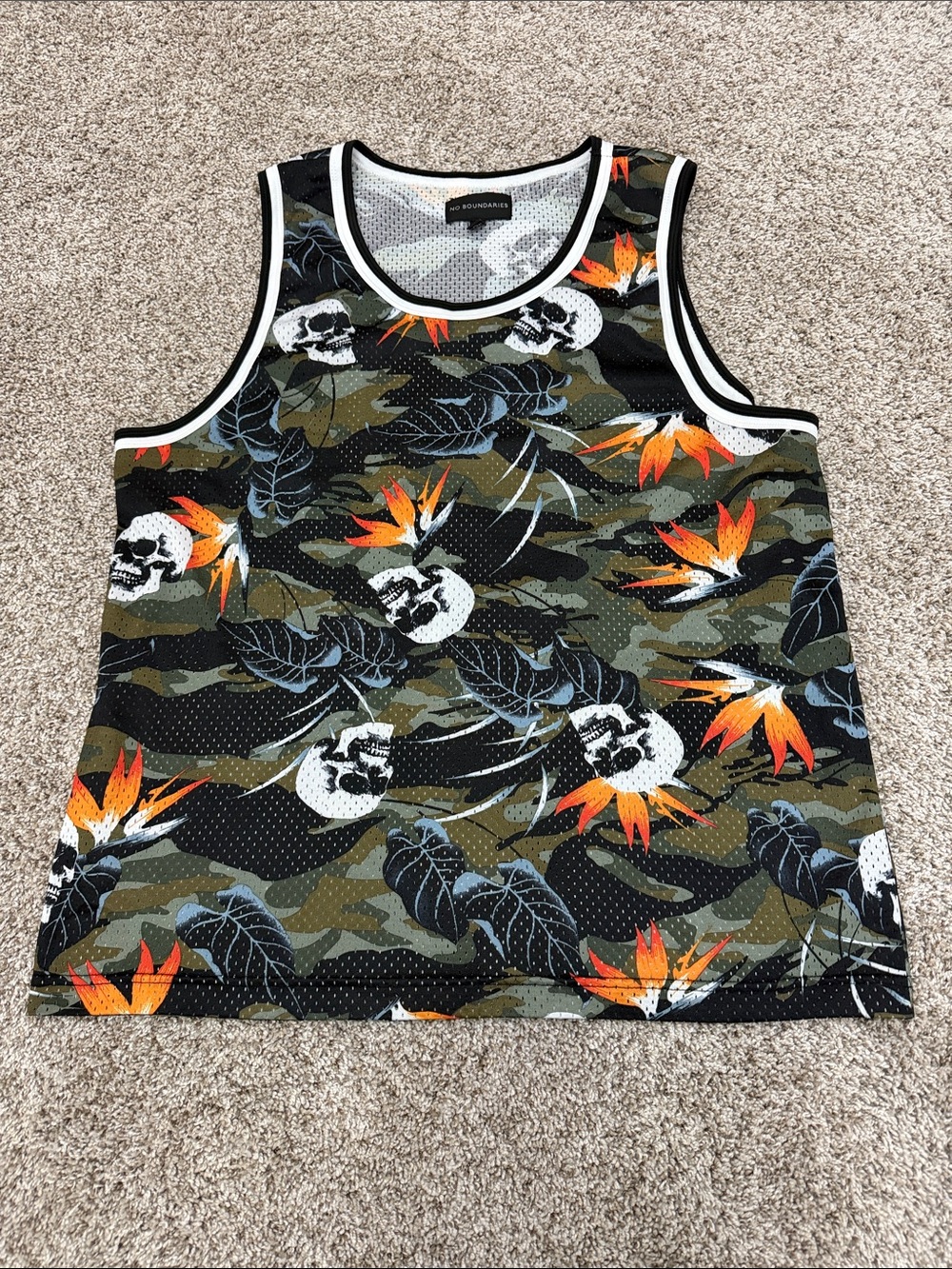 No Boundaries Men’s Olive Green Camo Tank with Orange Floral & White Skull